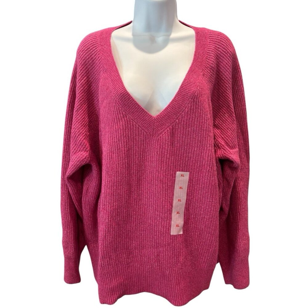 Old Navy Deep V Ribbed Sweater | Pink Cotton Blend XL‎ NWT